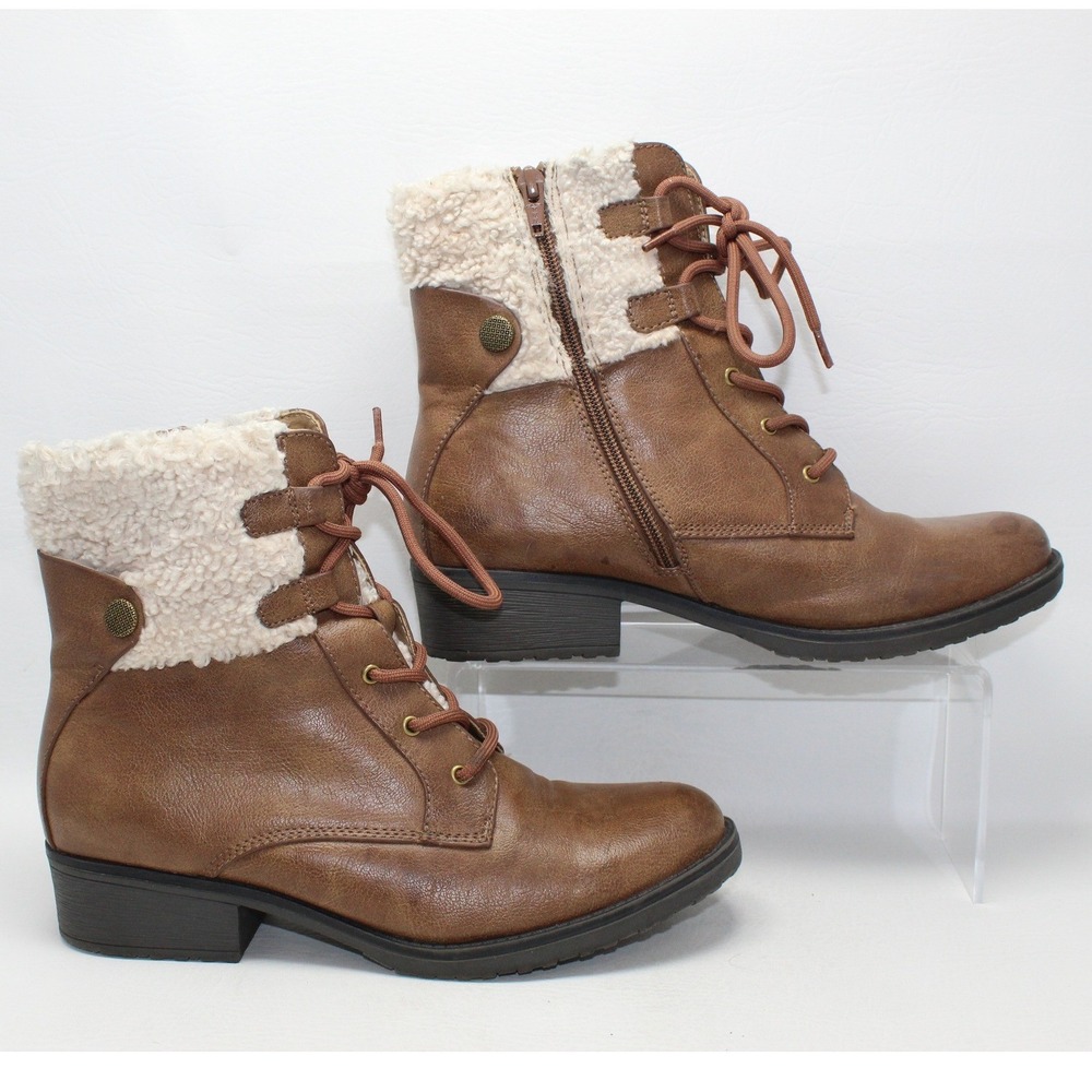 Baretraps Oneil Brown Faux Leather Sherpa Collar‎ Lace Up Ankle Boots 9.5M BTF20